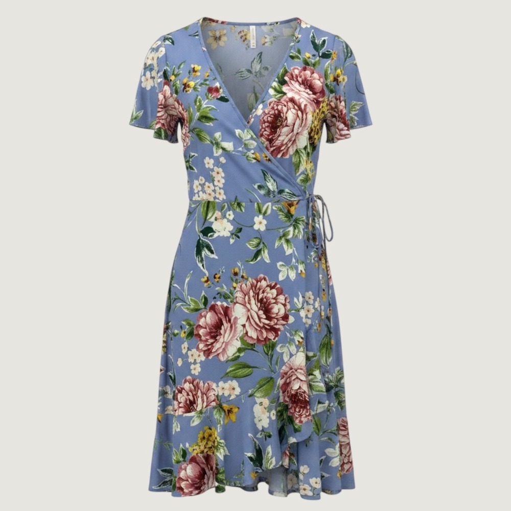 Xhilaration Floral Wrap Dress Women L Blue Ruffle Short Sleeve V-Neck Casual